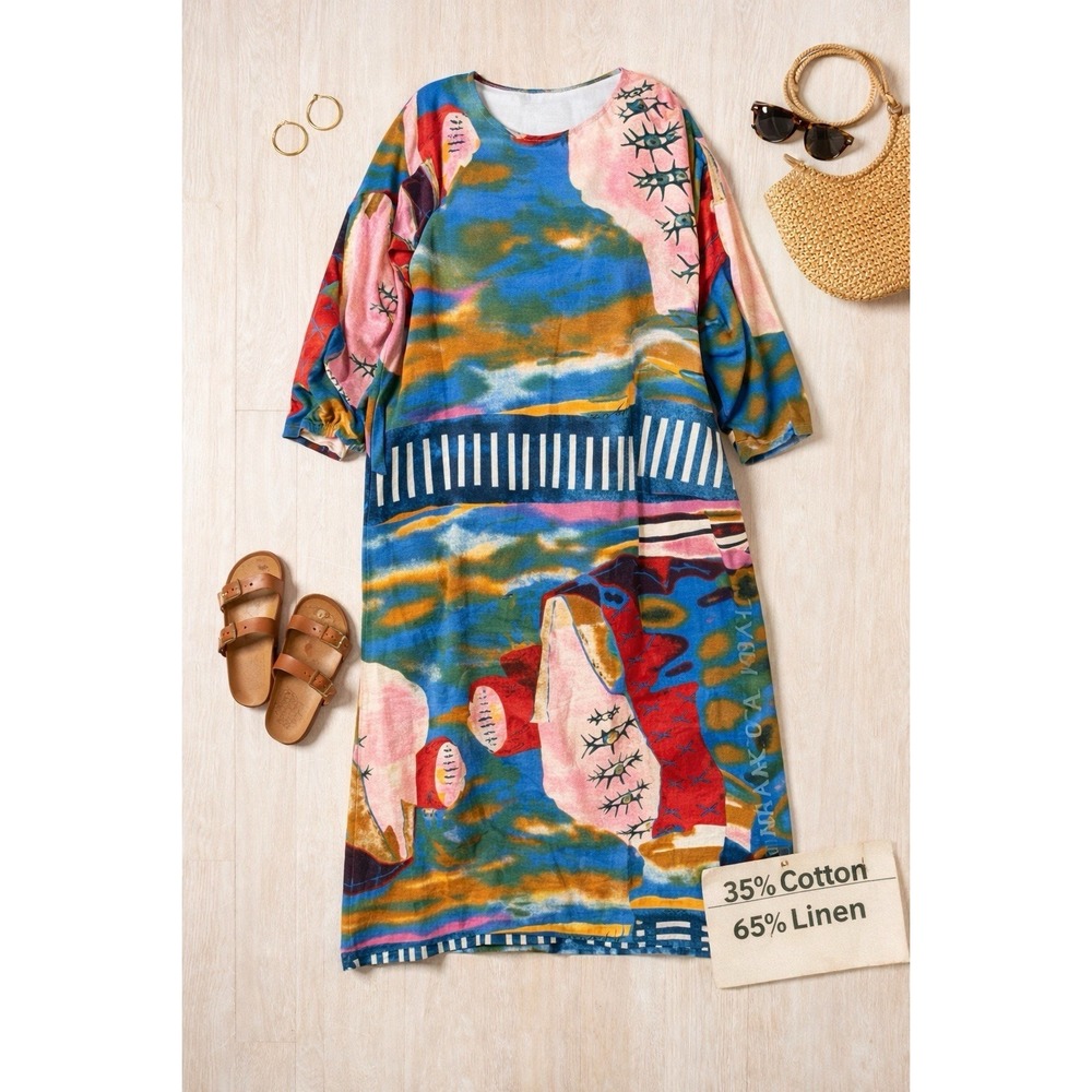Audate Linen Blend Art Dress XL Abstract Oversized Tunic Maxi Boho Lagenlook